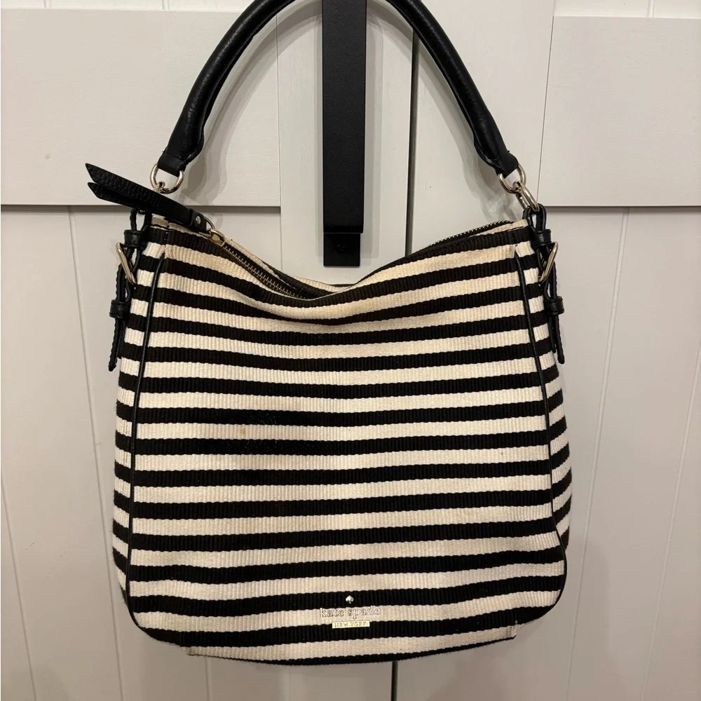 Kate Spade Black and Cream Striped Hand Shoulder Bag 10x10x5 VGUC - Picture 1 of 13